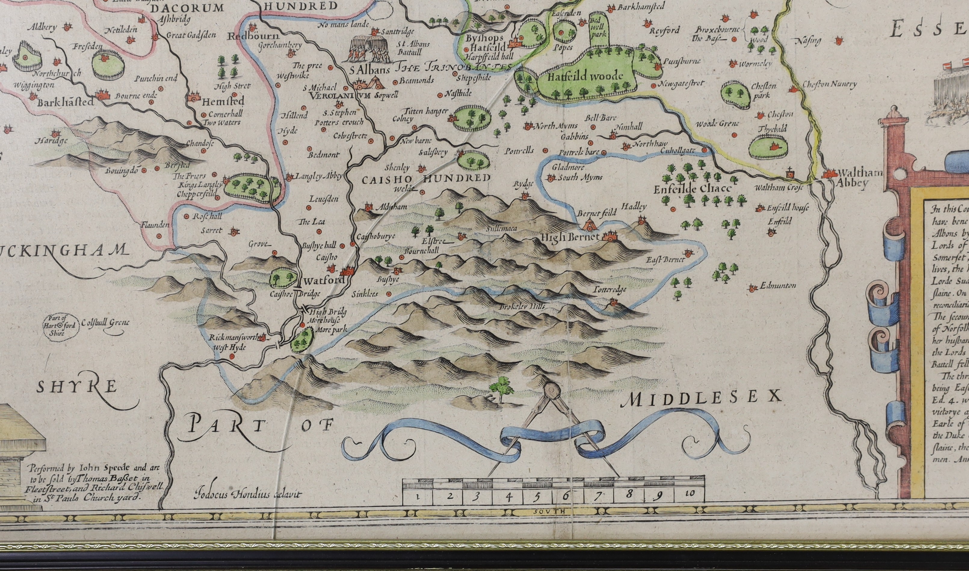 John Speede, coloured engraving, map of Hertfordshire, 39 x 50cm